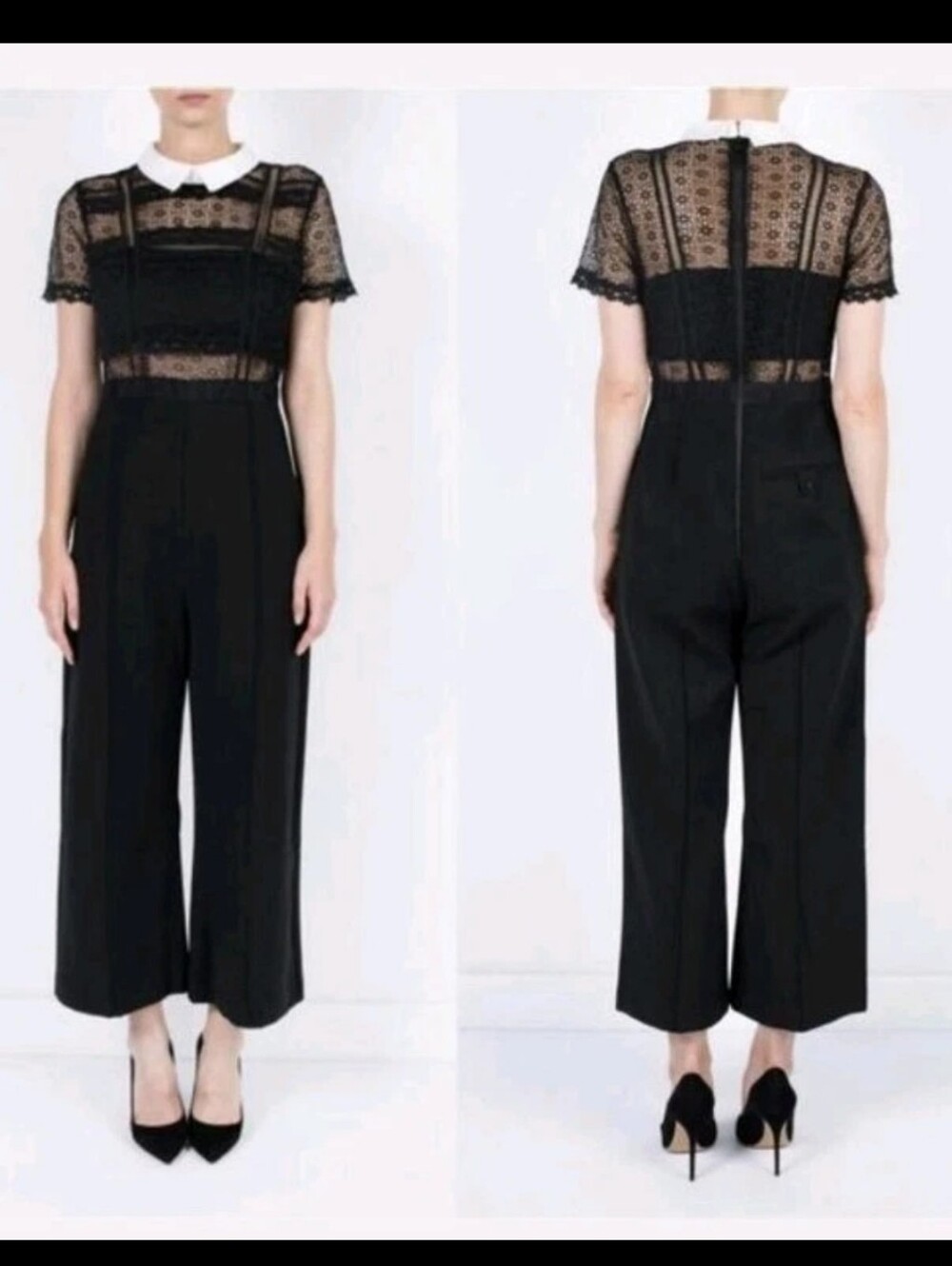 Self-Portrait Black Lace Top Jumpsuit with White Peter Pan Collar